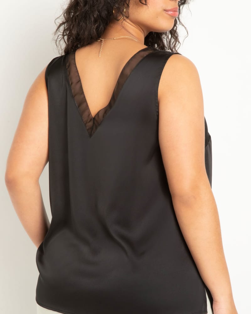 Back of a model wearing a size 20 V Neck Satin And Chiffon Tank in Black Onyx by ELOQUII. | dia_product_style_image_id:295397